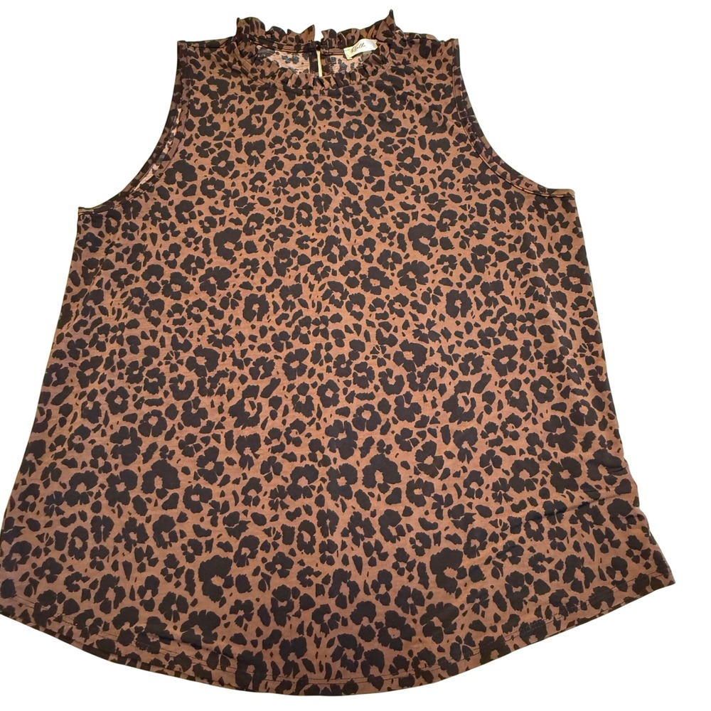 Leopard Print Sleeveless Blouse XL Brown Black Ruffle Neck Animal Print‎